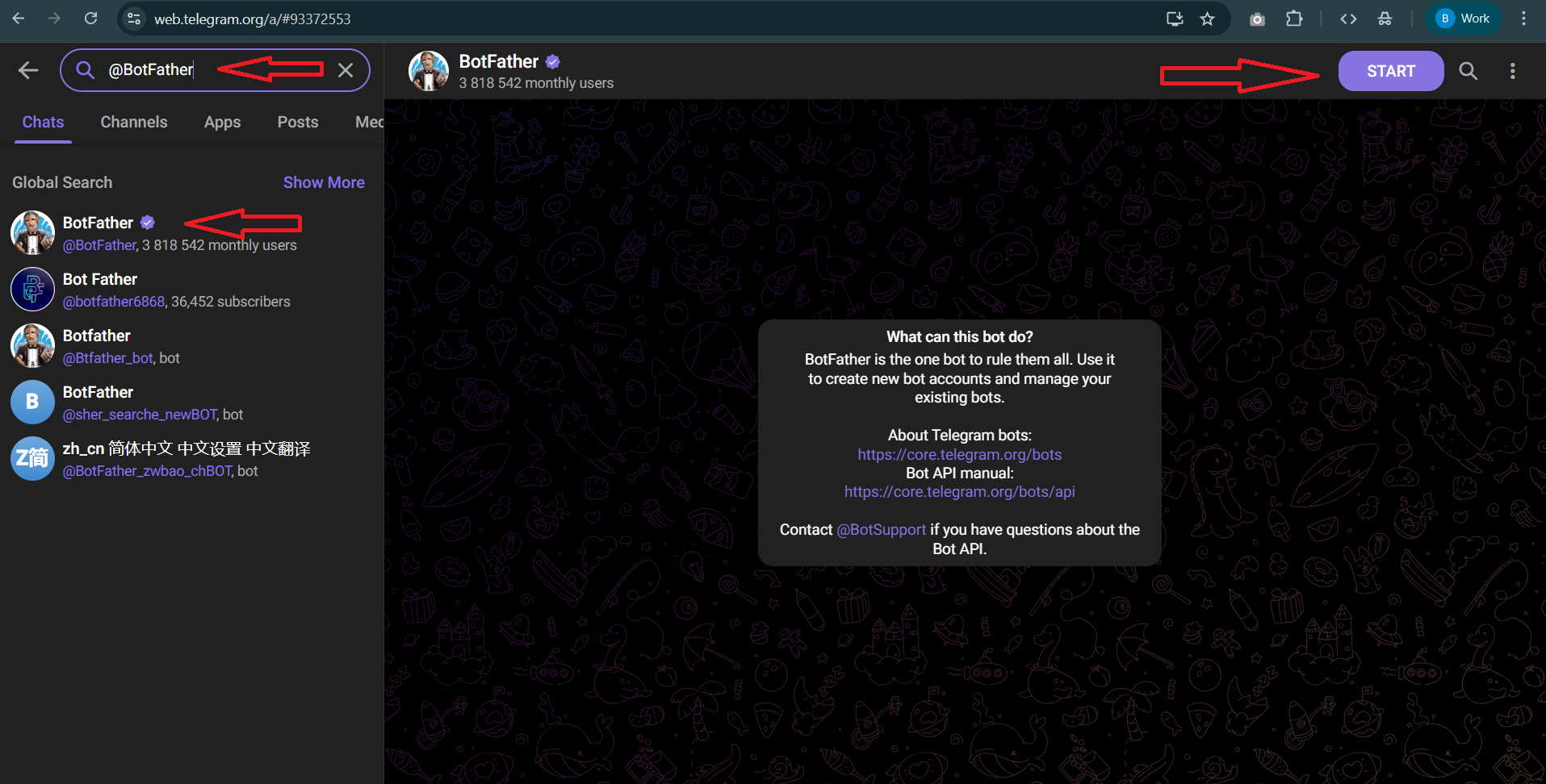 Search for BotFather on Telegram